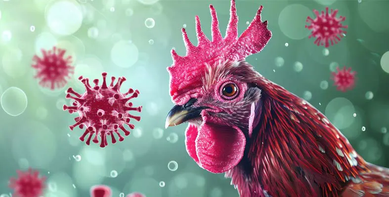 Close-up of chicken surrounded by virus particles